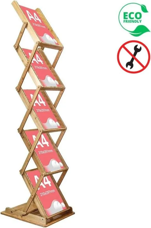 Stand pentru pliante reviste in ZIG ZAG bambus, 5 buzunare, A4