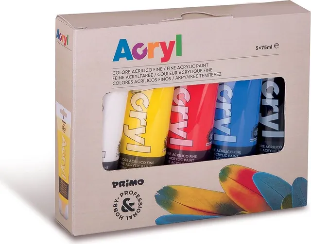 Tempera acrilica Morocolor Primo 75 ml, 5 culori de baza: alb, galben, rosu, albastru