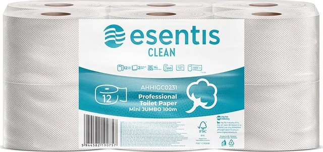 Hartie igienica Esentis Clean alba 2 straturi, 500 portii, 100 m, 12 role/set