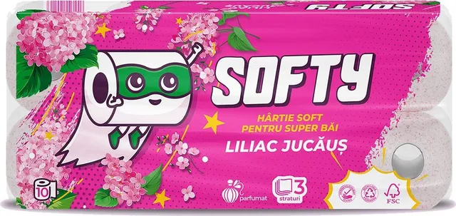 Hartie igienica Softy Liliac, 3 straturi, alba, 12 m, 10 role/set