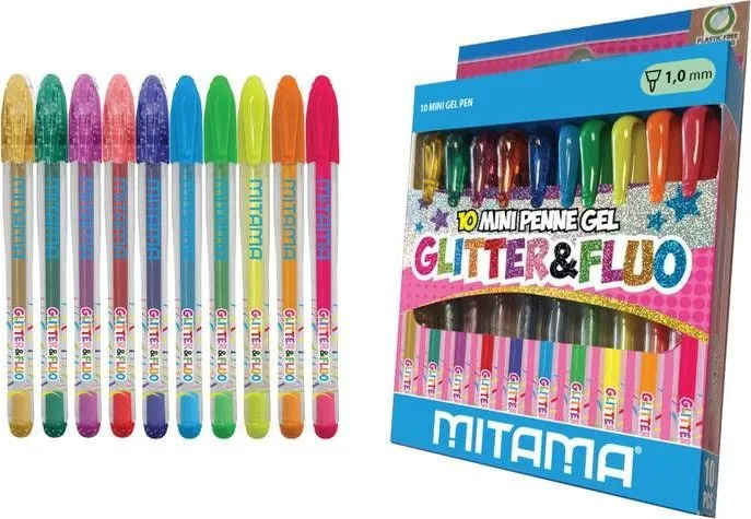 Set 10 mini pixuri cu gel Mitama, culori glitter si neon