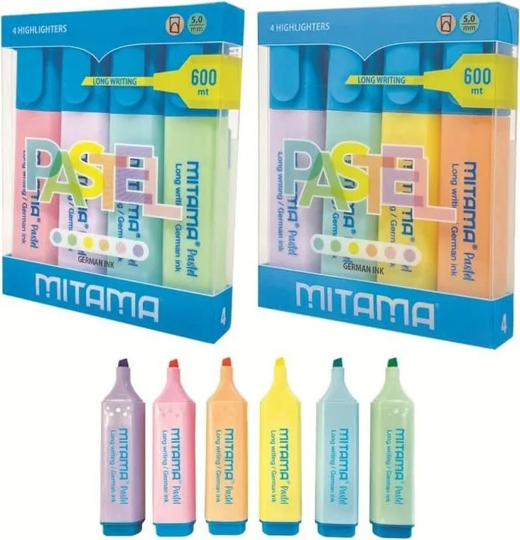 Set textmarkere Mitama, 4 culori Fluo, varf scalpello 5 mm