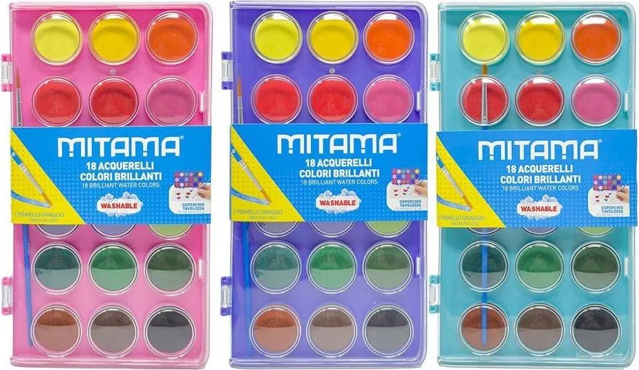 Acuarele Mitama, 18 culori, diametru 2.9 cm, 2 pensule