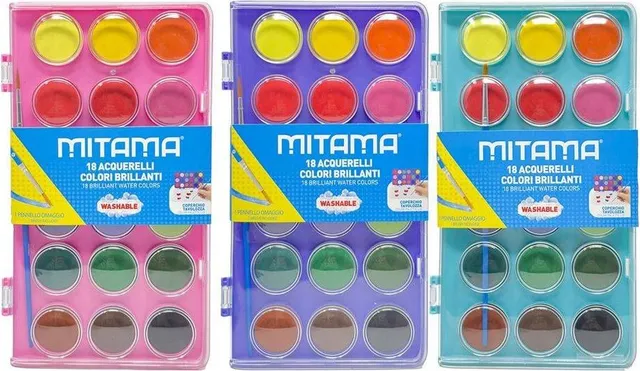 Acuarele Mitama, 18 culori, diametru 2.9 cm, 2 pensule