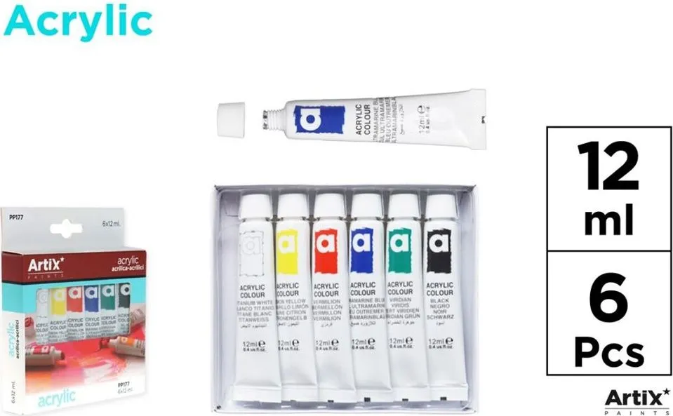 Tempera acrilica Artix, 12 ml, 6 culori