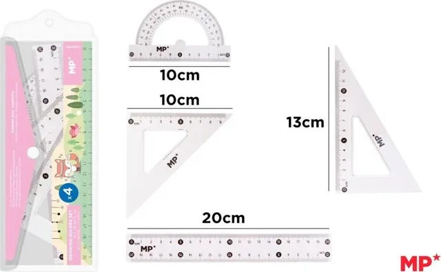 Set geometrie Main Paper, 4 piese, transparent, raportor, 2 echere, rigla 20 cm, blister roz