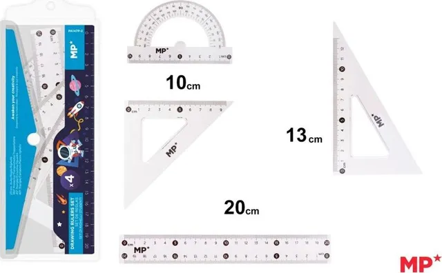 Set geometrie Main Paper, 4 piese, transparent, raportor, 2 echere, rigla 20 cm, albastru