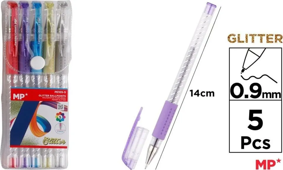 Set 5 rollere cu gel Main Paper, varf 0.9 mm, culori glitter
