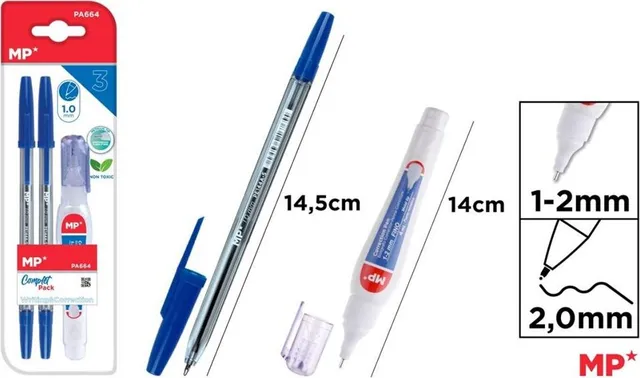 Set 2 pixuri albastre Main Paper, varf 1 mm, creion corector 4 ml, blister