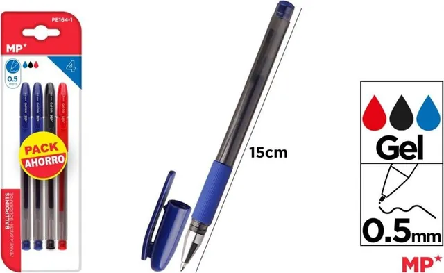 Set 4 pixuri cu gel Main Paper, varf 0.5 mm, 2 albastre, 1 rosu, 1 negru
