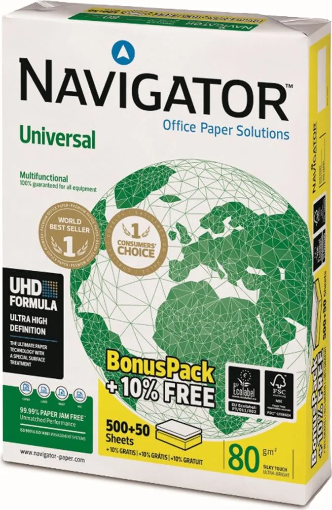Hartie copiator Navigator Universal, A4, 80 g, 550 coli/top, 5 topuri/cutie