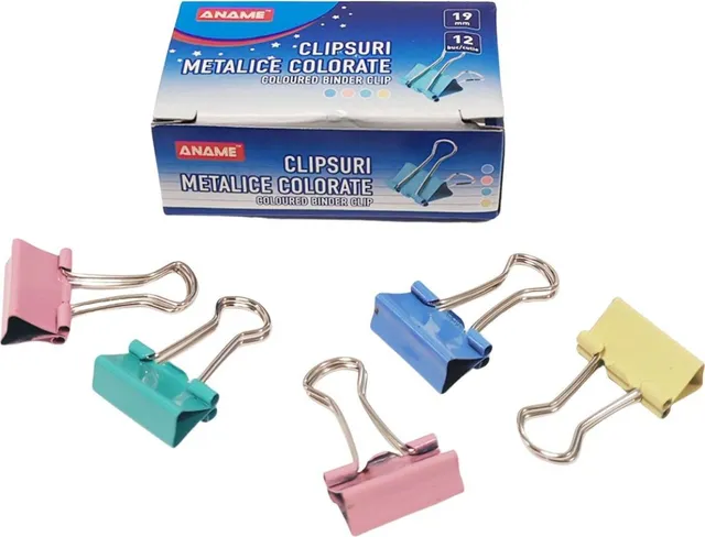 Clipsuri metalice colorate Aname, 19 mm, 12 bucati/cutie