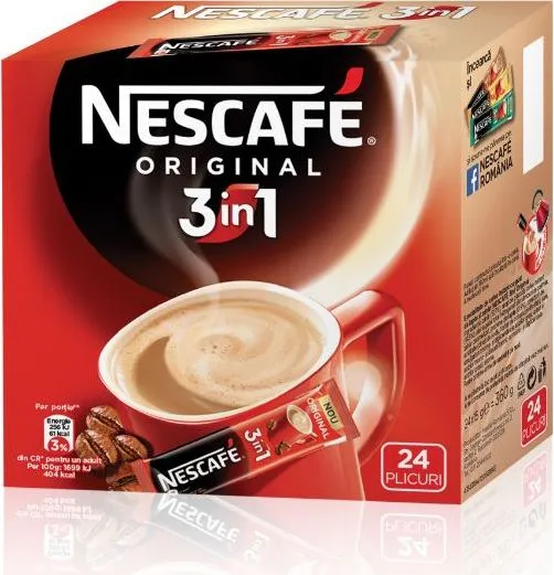 Cafea solubila 3 in 1 Nescafe Original, 24 plicuri/cutie