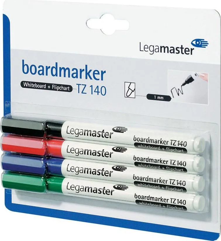 Marker pentru tabla Legamaster TZ140, varf rotund, 1 mm, 4 culori/set (negru, rosu, albastru, verde)
