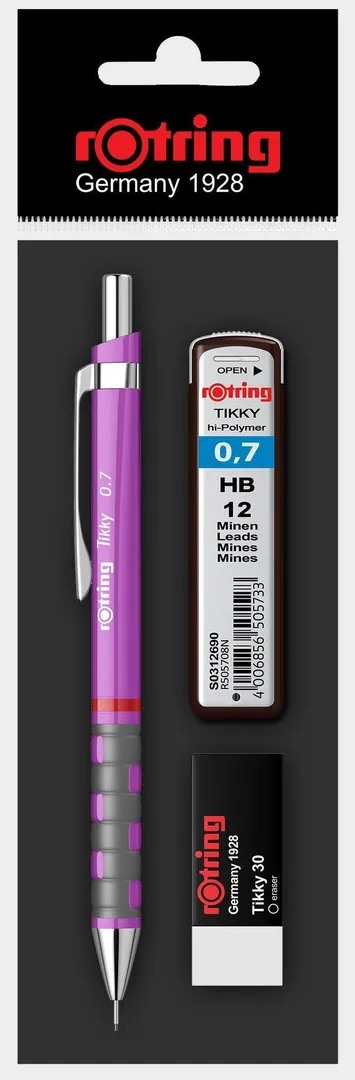 Set Rotring, creion mecanic 0.7 mm diverse culori, carcasa si mina 0.7 mm, radiera Tikky 40