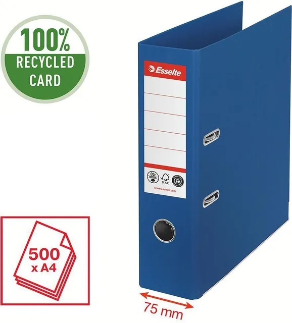 Biblioraft Esselte No.1 Power Recycled, carton, 100% reciclat, reciclabil, certificare FSC, A4, 75 mm