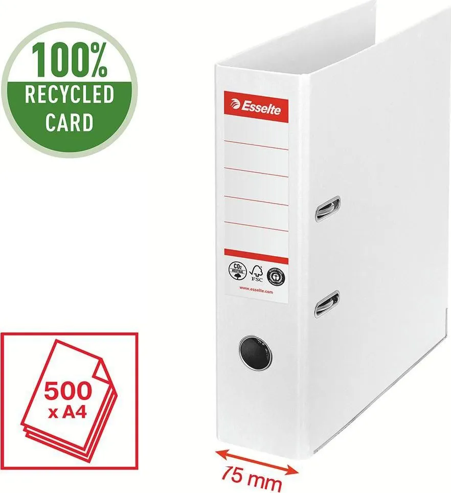 Biblioraft Esselte No.1 Power Recycled, carton, 100% reciclat, reciclabil, certificare FSC, A4, 75 mm, alb