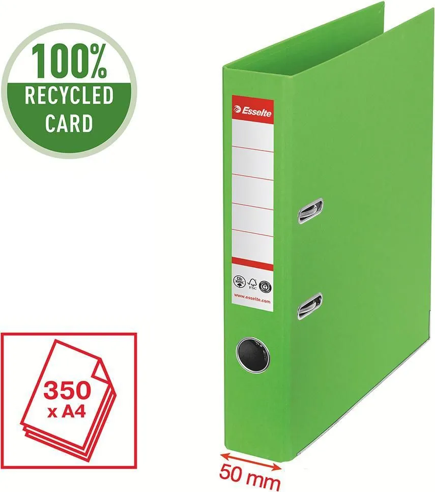 Biblioraft Esselte No.1 Power Recycled, carton, 100% reciclat, reciclabil, certificare FSC, A4, 50 mm, verde