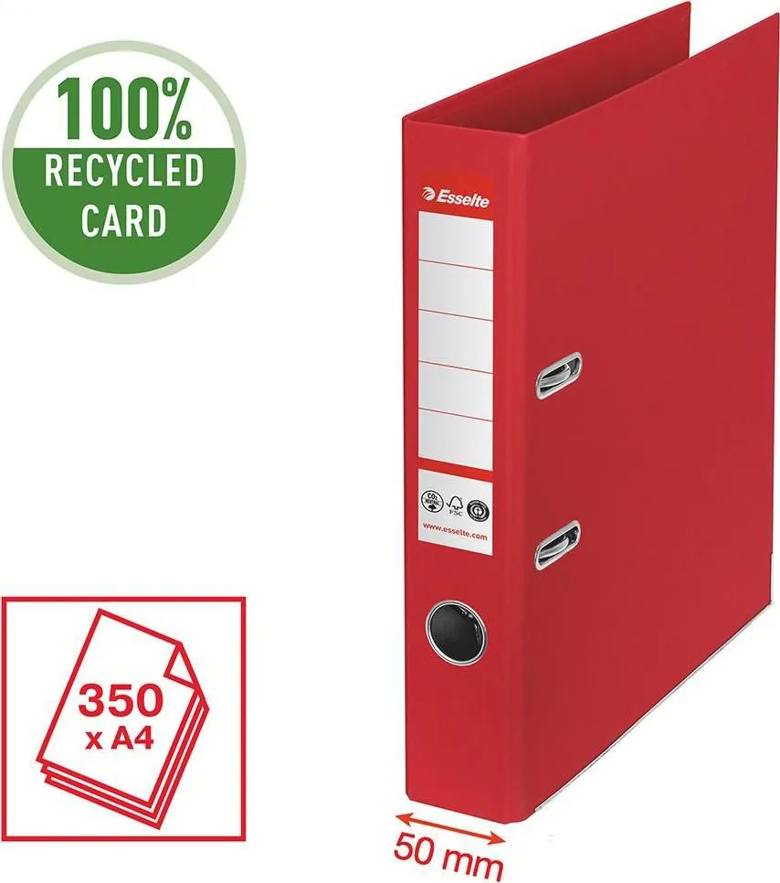 Biblioraft Esselte No.1 Power Recycled, carton, 100% reciclat, reciclabil, certificare FSC, A4, 50 mm, rosu