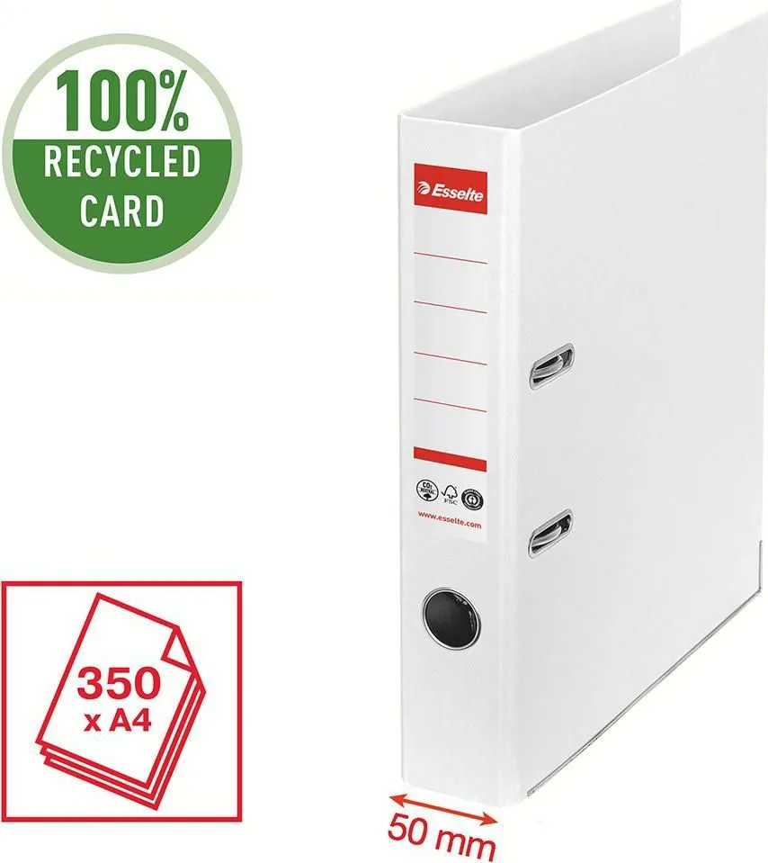 Biblioraft Esselte No.1 Power Recycled, carton, 100% reciclat, reciclabil, certificare FSC, A4, 50 mm, alb