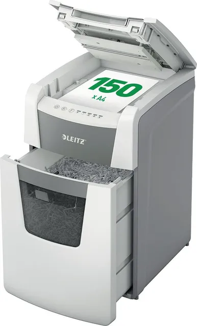 Distrugator documente automat Leitz IQ Office, P5, micro-cut (particule), 150 coli, cos 44l, alb-gri