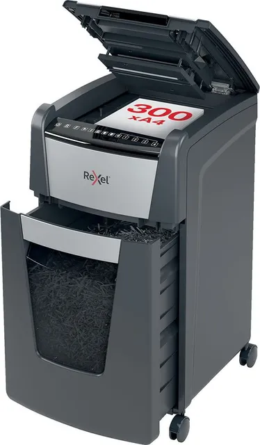Distrugator documente automat Rexel Optimum 300X, P4, cross-cut (confeti), 300 coli, cos 60l, negru-gri