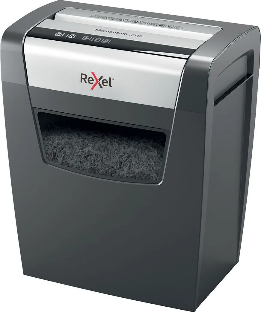 Distrugator documente manual Rexel Momentum X312, P3, cross-cut (confeti), 12 coli, cos 23l, negru