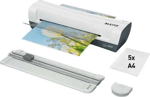 Set Leitz iLAM Home 4 in 1: laminator A4, trimmer, rotunjitor si 5 folii, alb-gri