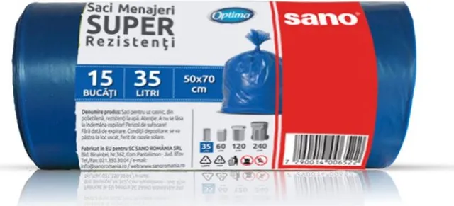 Saci menajeri LDPE albastri Sano Optima, 35 L, 50 x 70 cm, 22 microni, 15 saci/rola