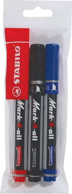 Marker permermanent Stabilo Mark-4-all, 653, B, varf tesit, 1-4 mm, set 3 culori/blister, albastru, negru