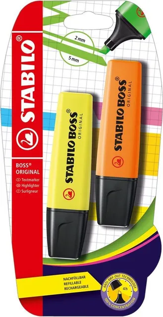 Textmarker Stabilo Boss Original, corp plastic in culoarea cernelei, varf retezat, 2-5 mm, galben, portocaliu