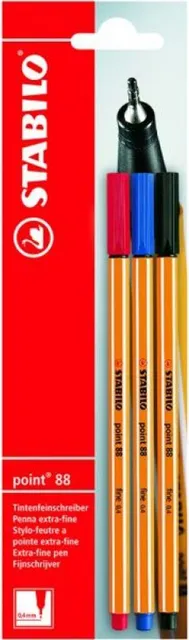 Fineliner Stabilo Point 88, 0.4 mm, 3 culori, negru, rosu, albastru, blister