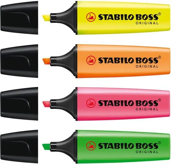 Textmarker Stabilo Boss, varf 2-5 mm, 4 culori/set ( galben, portocaliu, verde, roz)