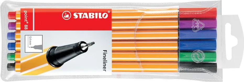 Liner Stabilo Point 88, varf fetru, 0.4 mm, 6 culori/set (rosu, negru, albastru, verde, roz, mov)