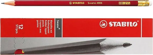 Creion grafit Stabilo Swano 4906, mina HB, cu radiera, rosu, ascutit