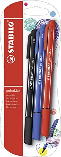 Fineliner Stabilo PointMax, 0.8 mm, 3 culori/blister, ultramarin, negru, carmin