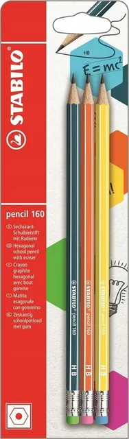 Set 3 creioane grafit tip HB 160, galben, portocaliu, petrol, cu radiera