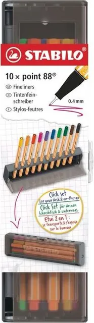Fineliner Stabilo point 88, 0.4 mm, 10 culori, set cu suport