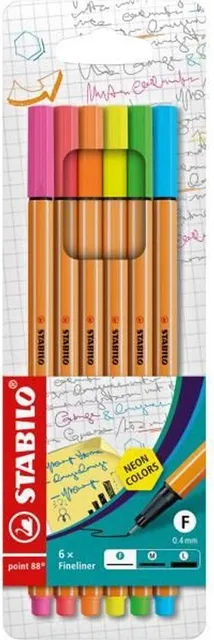Fineliner Stabilo Point 88, 0.4 mm, 6 culori, neon/set etui