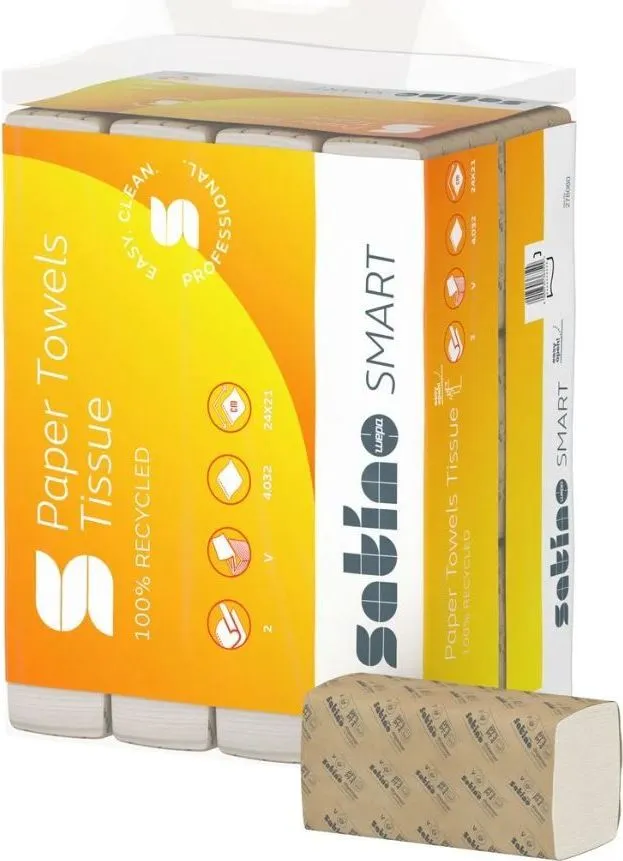 Servetele V albe Satino Smart, 2 straturi, 24 x 22 cm, 336 bucati/pachet, 12 pachete/bax