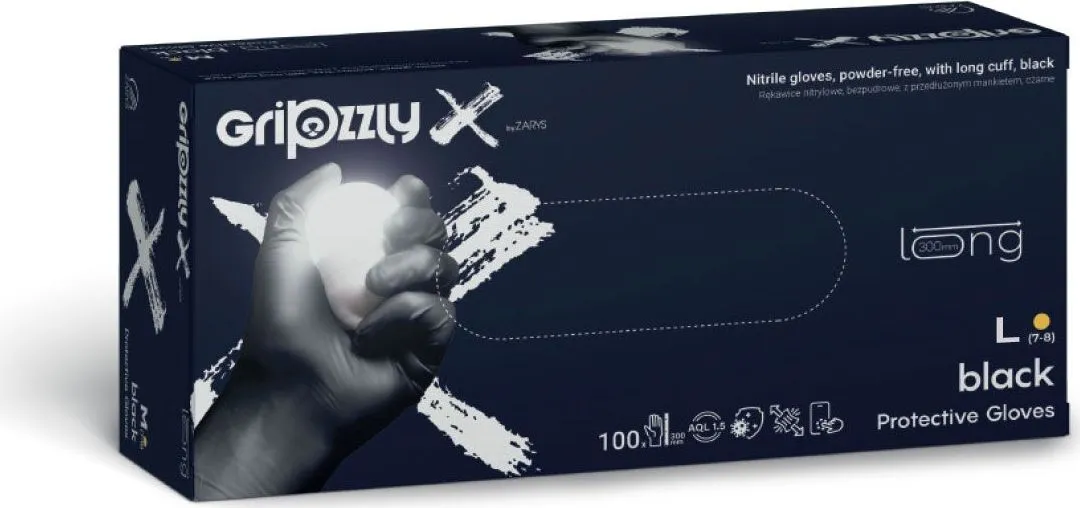 Manusi nitril nepudrate Gripzzly, negre, Long, 100 bucati/cutie, marimea L