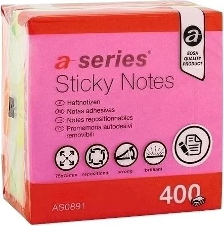 Notite adezive, A-Series, 75 x 75 mm, 400 file, 4 culori