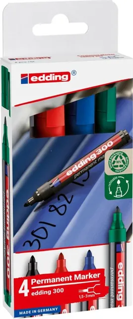 Marker permanent, Edding 300, set 4 culori, corp plastic, varf rotund 1.5 - 3 mm, negru, rosu, albastru, verde