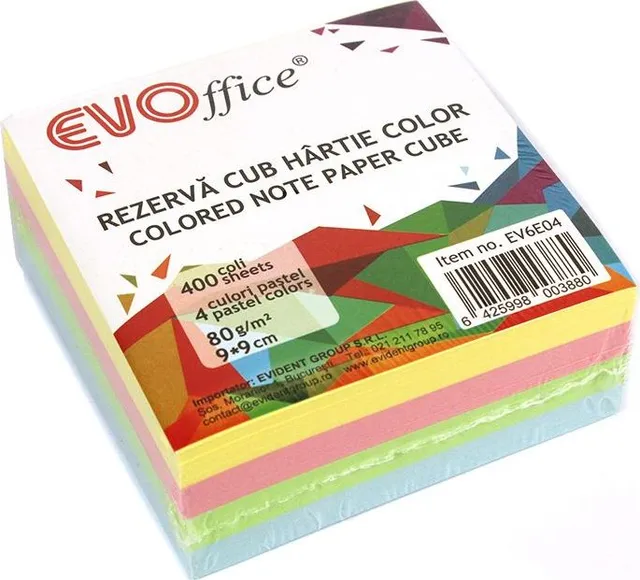 Rezerva cub hartie color pastel EVOffice, 400 file, 4 culori, 90 x 90 mm, 80 g