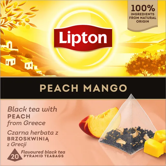 Ceai negru Lipton, piersica si mango, 20 plicuri/cutie