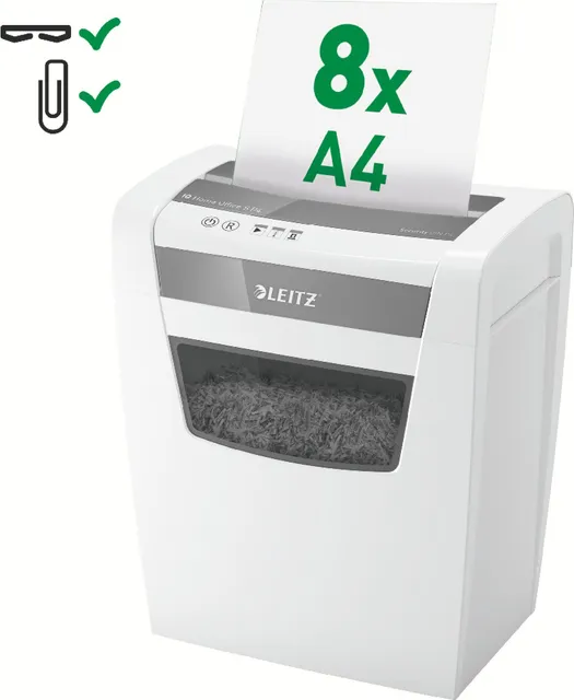 Distrugator documente manual Leitz IQ Home Office, P4, micro-cut (particule), 8 coli, cos 15l, silentios